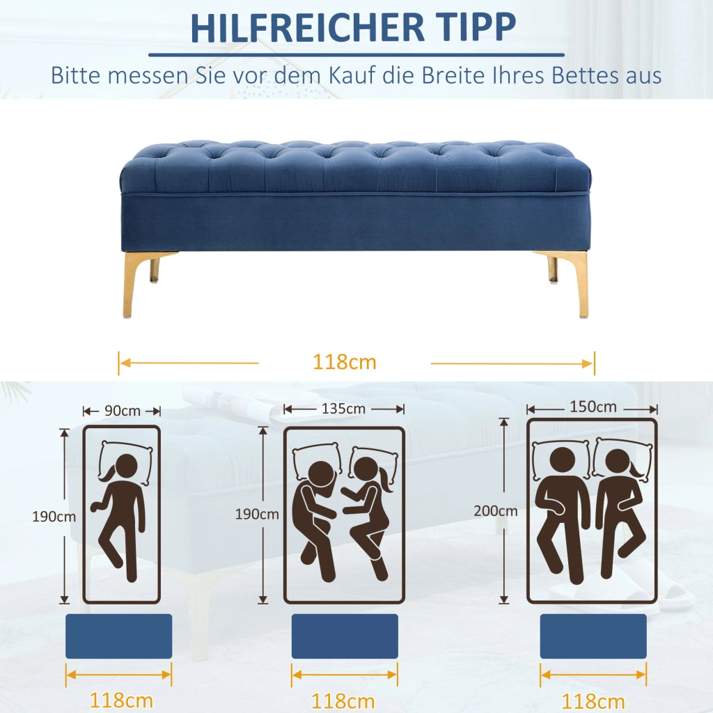 Panca imbottita multifunzione con seduta capitonne e piedi metallici in velluto blu e oro 118×45×42 cm