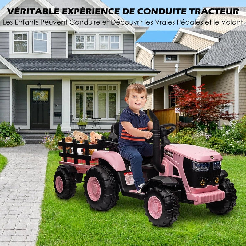 Trattore Elettrico per Bambini 12V con Rimorchio Rimovibile; 2 Motori 35W; Telecomando e LED; da 3 Anni