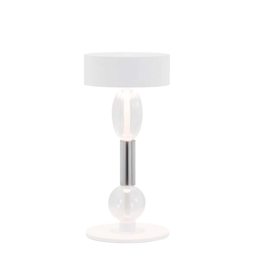 Zafferano Royal Family Wi-Fi - Lampada da Tavolo Led Ricaricabile Smart, Dimmer Touch, 36h Autonomia - Alluminio Bianco e Vetro Soffiato