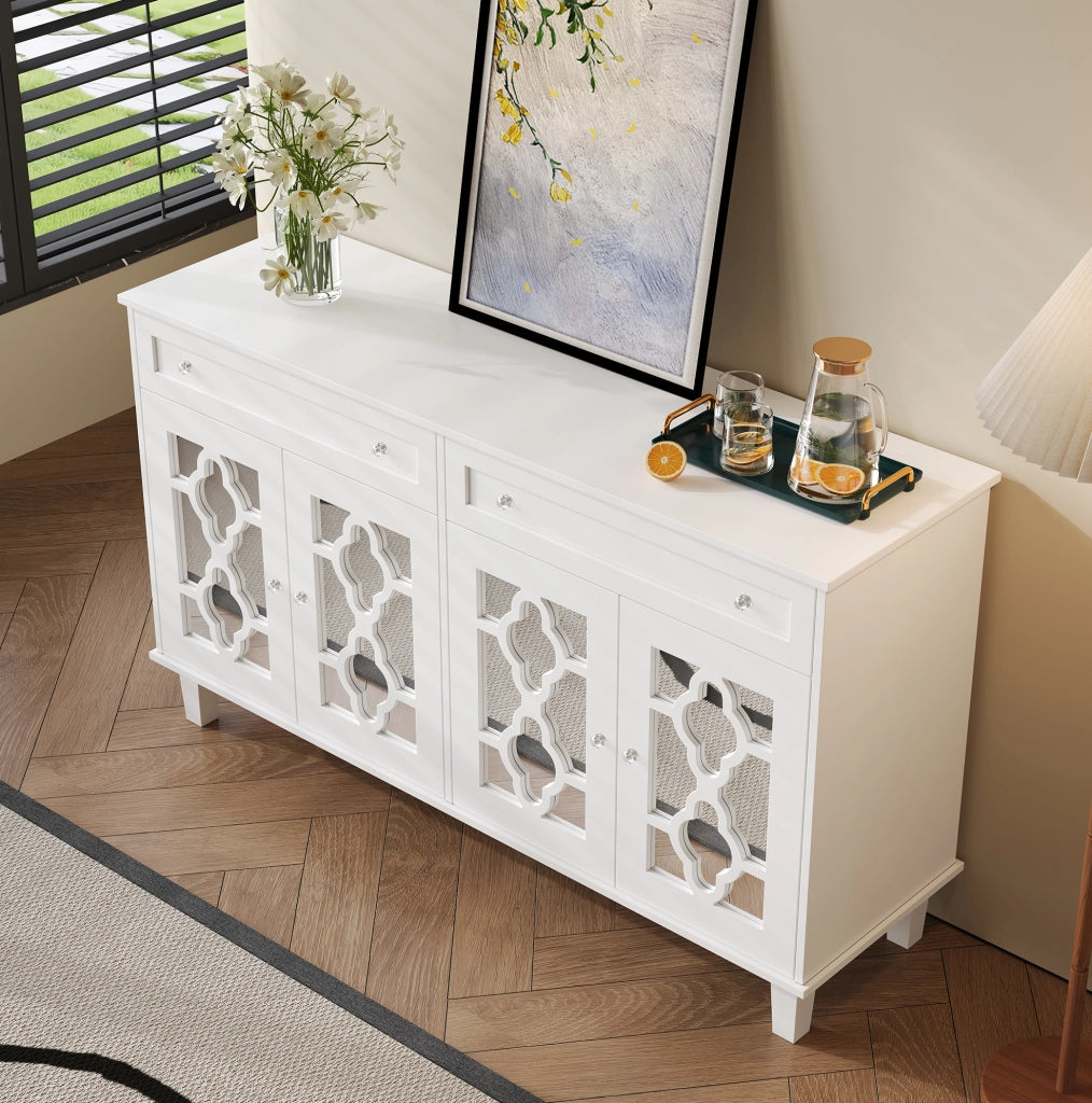 Credenza bianca con 4 ante a specchio e 2 cassetti