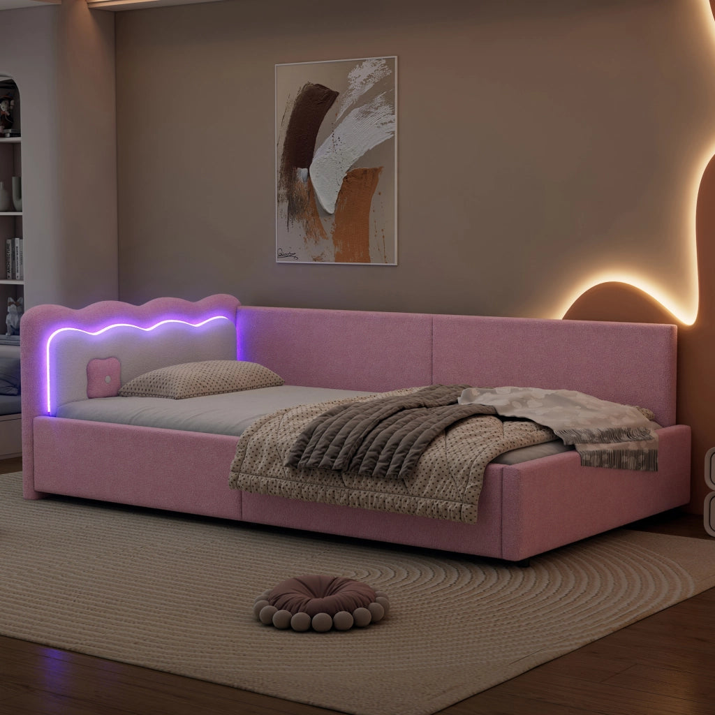 Letto singolo daybed 90 ¡Á 200 cm con rete a doghe LED regolabile in MDF e rivestimento rosa