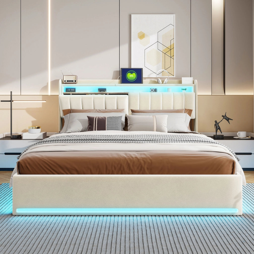 Letto matrimoniale contenitore 160x200 cm imbottito LED USB alzata idraulica testiera letto matrimoniale rete a doghe velluto beige