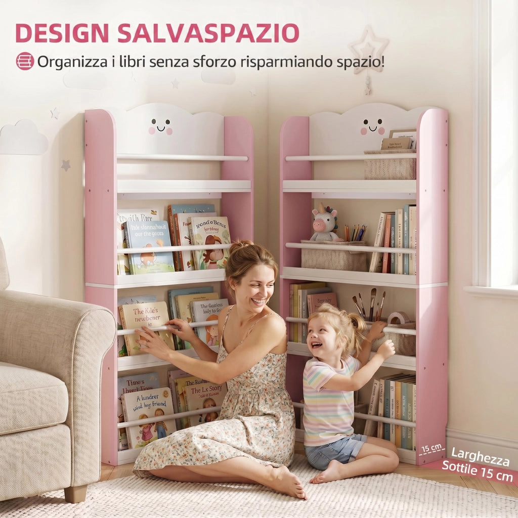Libreria Montessoriana per Bambini 3-6 Anni con Tema Zucchero Filato, 4 Ripiani in Legno, per Cameretta, Rosa
