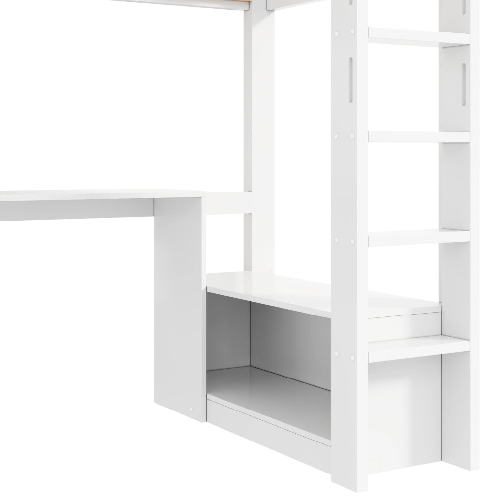 Letto a Soppalco 90x200 cm con Scrivania; Armadio; LED; USB; Scala e Sponde; Bianco