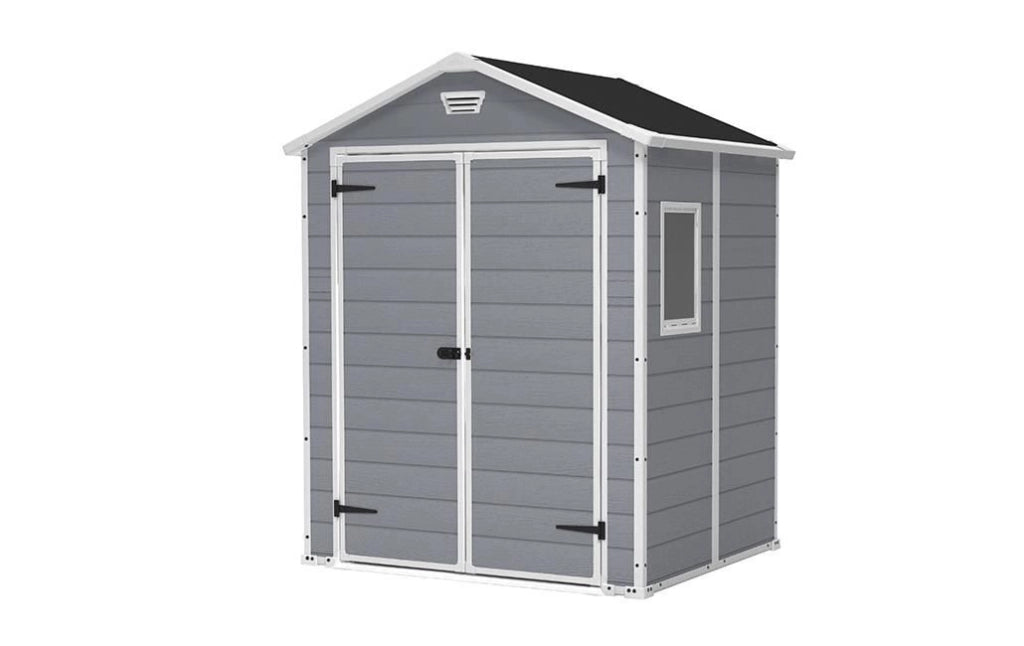 Keter K203521 Manor 6x5 Casetta da Giardino in Resina Doppia Porta Finestra Laterale Pavimento Incluso 185x152x226 cm colore Grigio