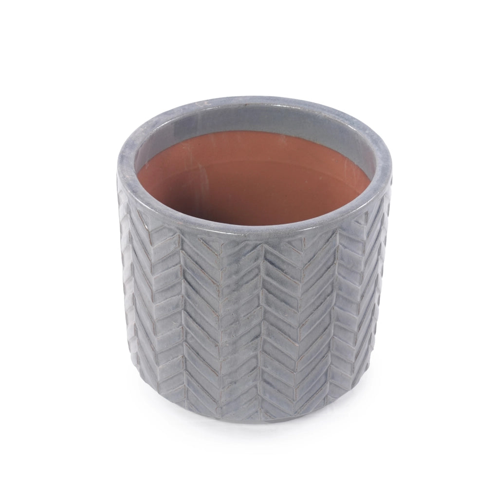 Vaso in ceramica media Ø31,5 cm con rilievo motivo spina di pesce, colore grigio cenere lucido, con foro di drenaggio, resistente al gelo