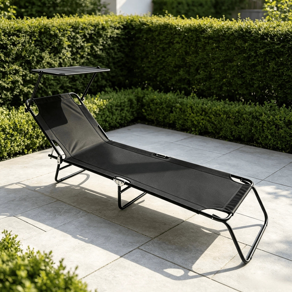 Lettino Prendisole Pieghevole con Tettuccio Parasole da Giardino e Campeggio, Brandina Regolabile in Metallo e Poliestere Nero 186x54x24 cm
