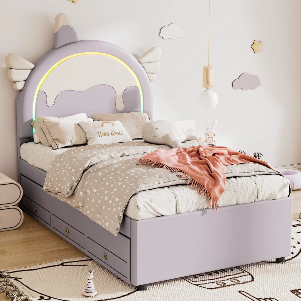 Letto per Bambini a Unicorno con Letto Estraibile ¨C MINIMAL ¨C PU Viola 90x200