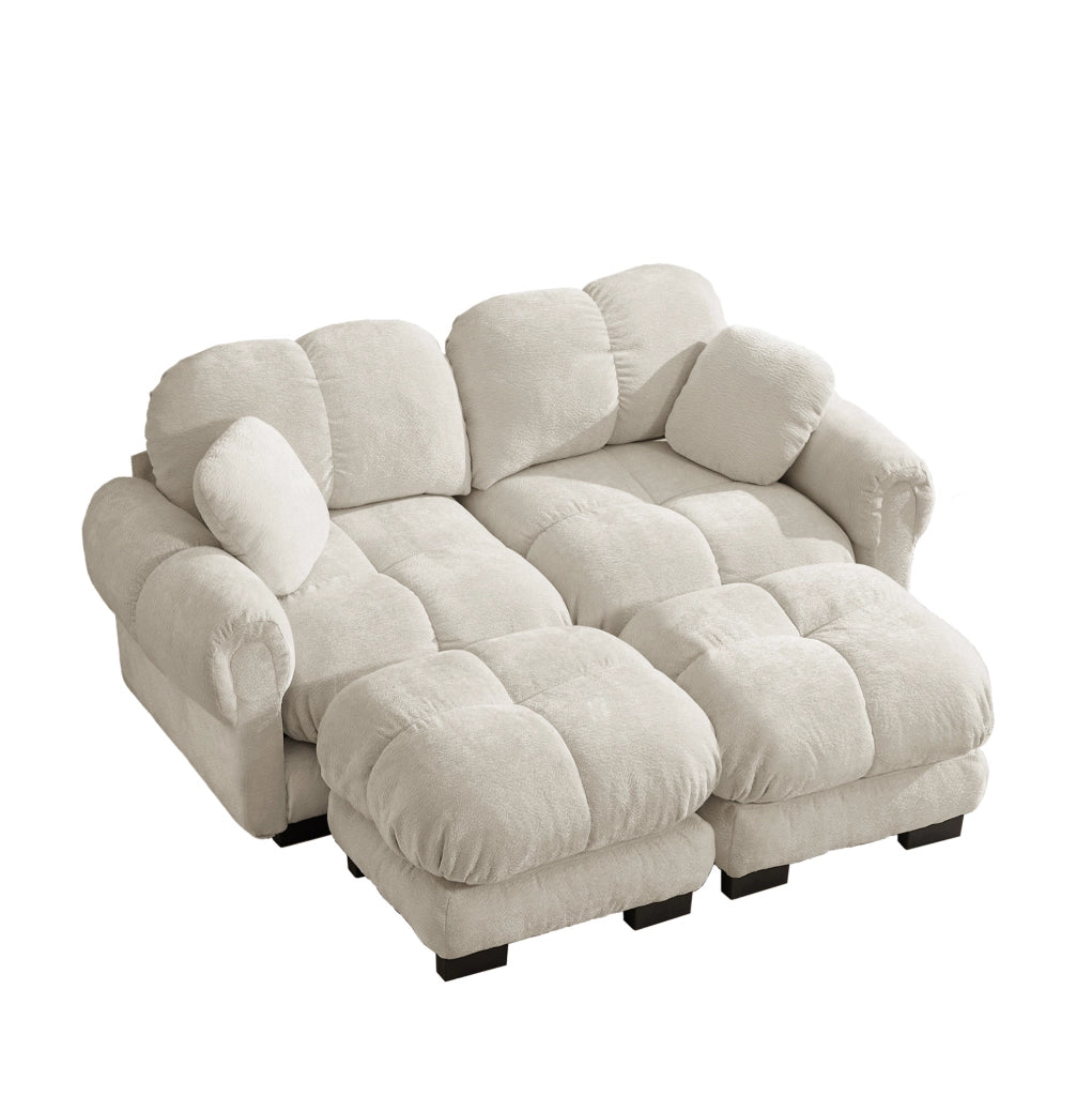 Divano 2 posti in chenille color kaki chiaro con pouf modulare e cuscini spessi