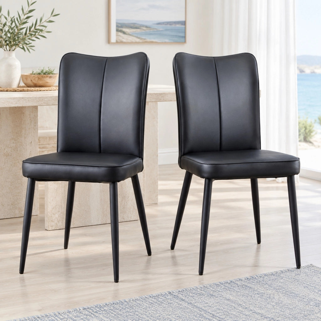 Set 2 sedie da pranzo in similpelle PU nera con gambe in metallo HOMVRA