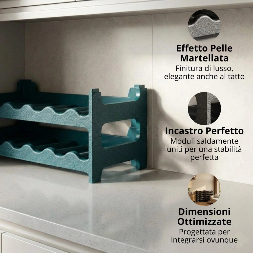CookandSupply x TheWV Cantinetta Vino in Plastica Modulare Impilabile, Portabottiglie Effetto Pelle Martellata, 6 Bottiglie per Modulo, Scaffale Portavino Salvaspazio - Verde Petrolio, 12