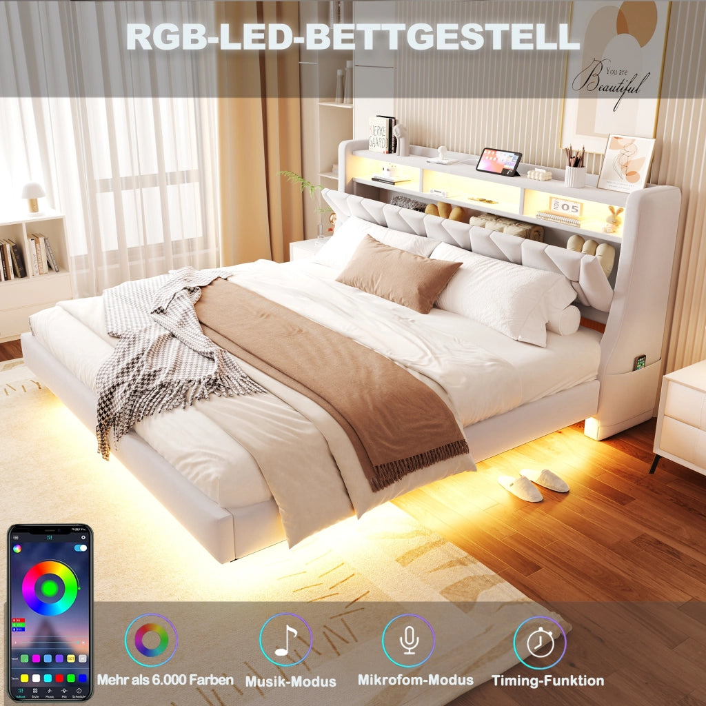 Letto matrimoniale 180 × 200 cm con LED; prese USB; Type-C e mensole; senza materasso; in velluto beige
