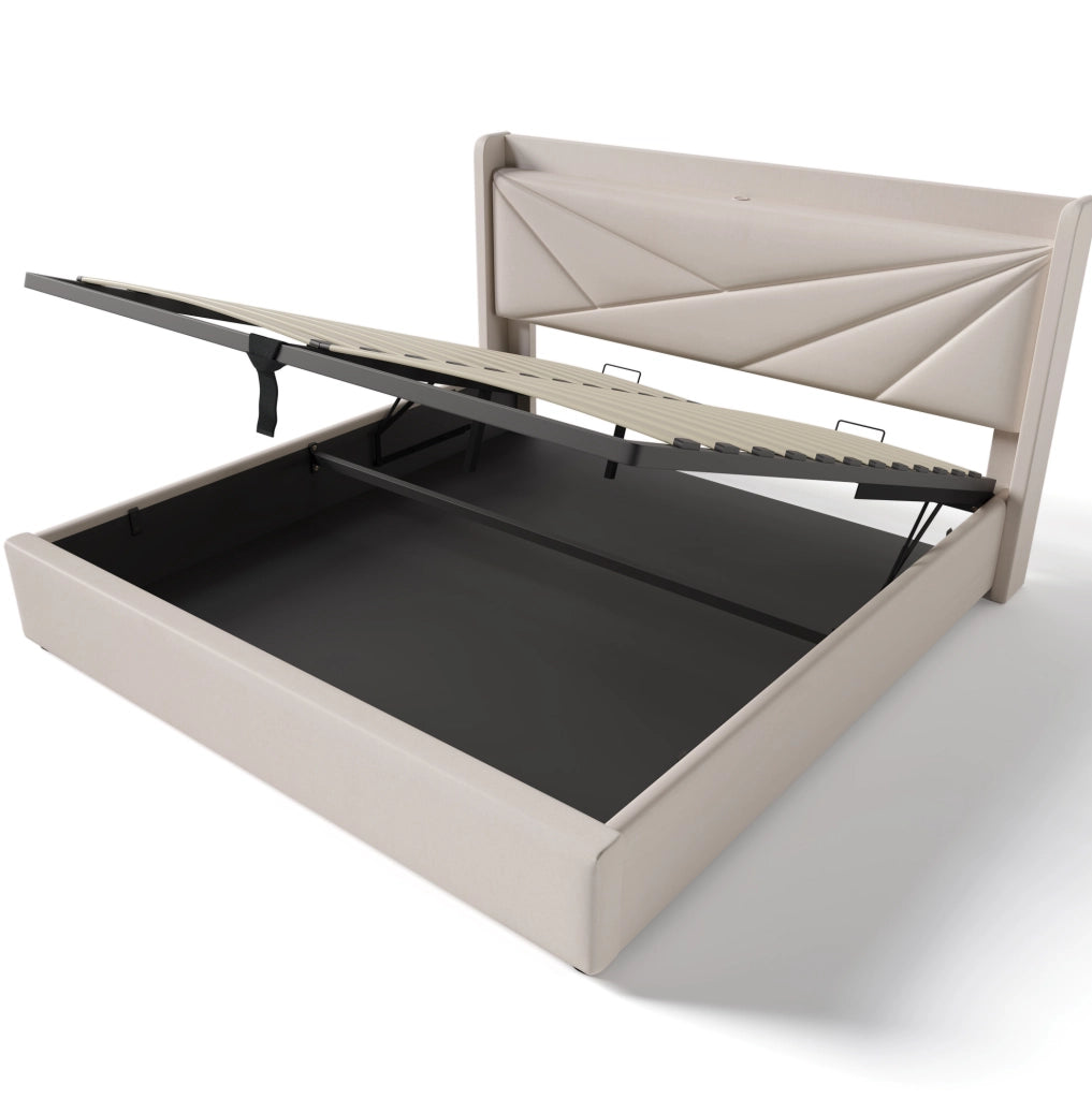 Letto matrimoniale con contenitore 160x200 cm con pannello imbottito, funzione di ricarica USB Tipo C e rete a doghe, struttura in lino senza materasso