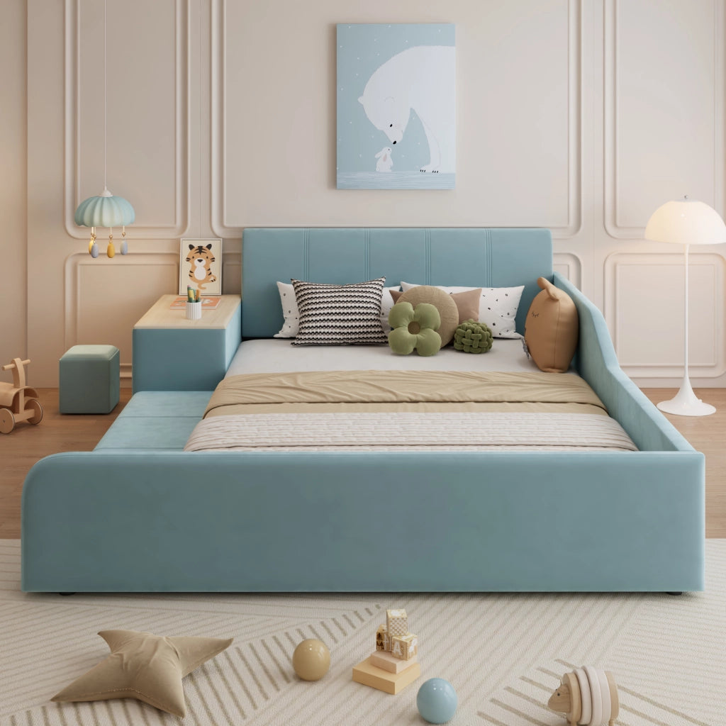 Letto singolo con scrivania in velluto blu 140x200 cm