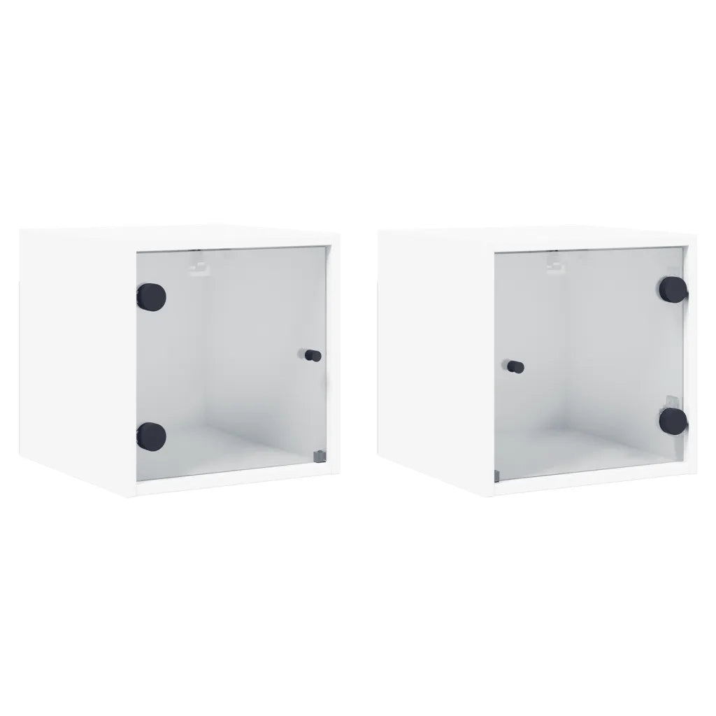 Set di 2 Comodini | Armadio da Notte | Mobiletto da notte con Ante in Vetro Bianco 35x37x35 cm