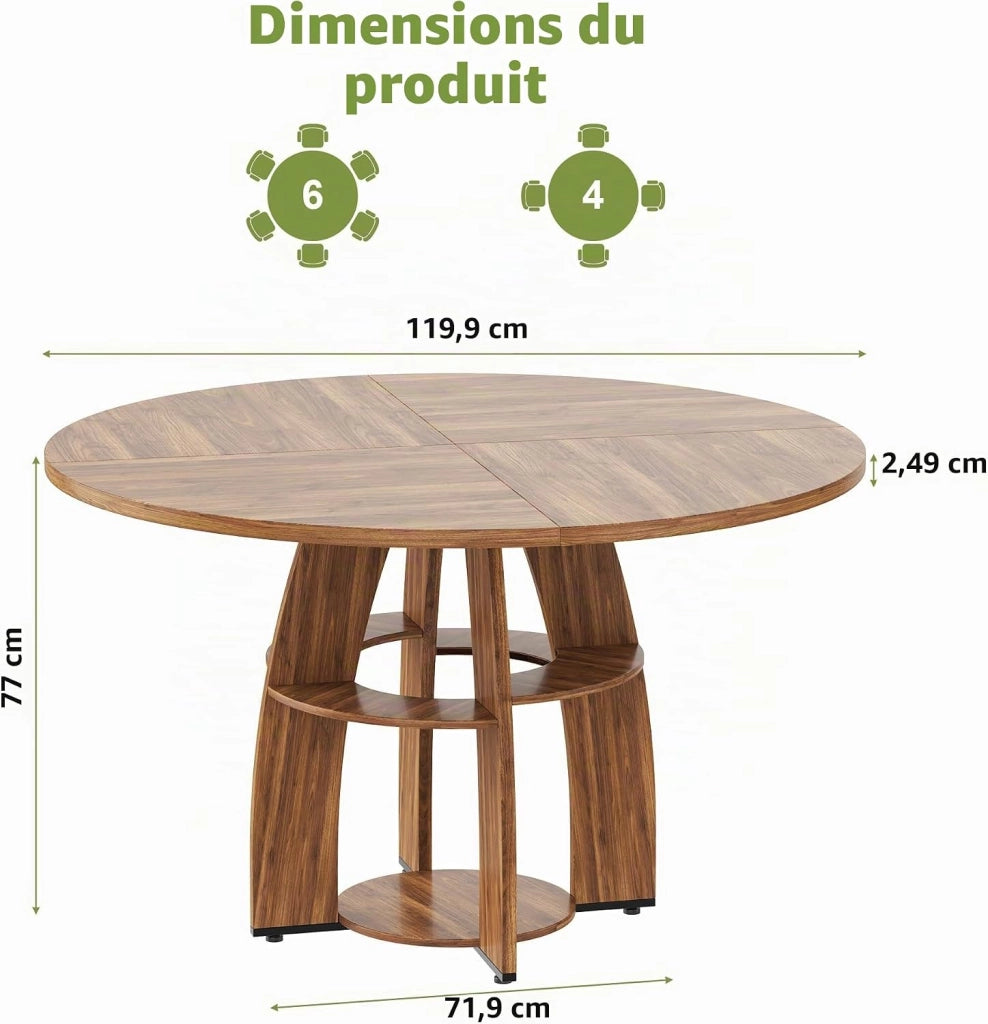 Tavolo da Pranzo Rotondo Rustico 120 cm per 4-6 Persone con Ripiano - Noce
