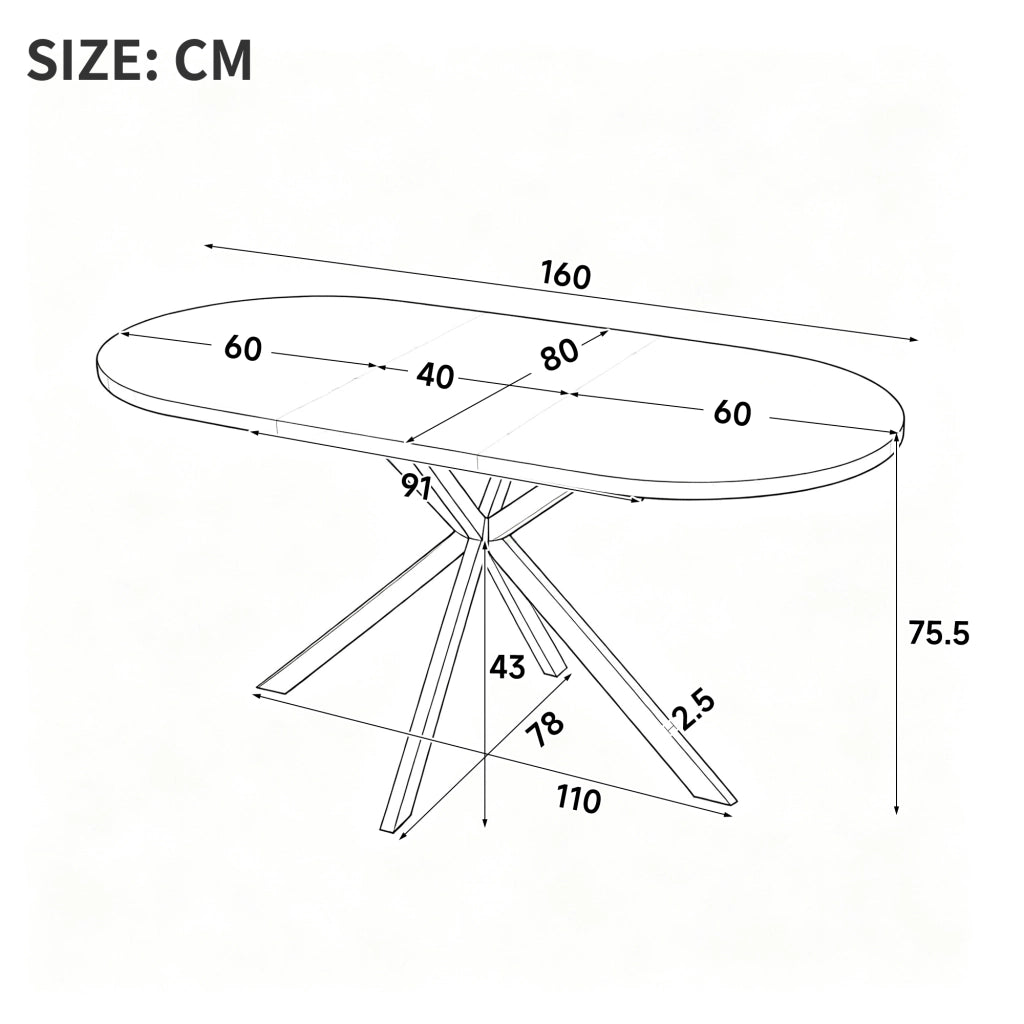 Tavolo da Pranzo Ovale Allungabile 120-160x80 cm 4-6 Posti LEMONMAX; Prolunga Integrata; Piano MDF Effetto Legno e Gambe in Metallo; H 75 cm