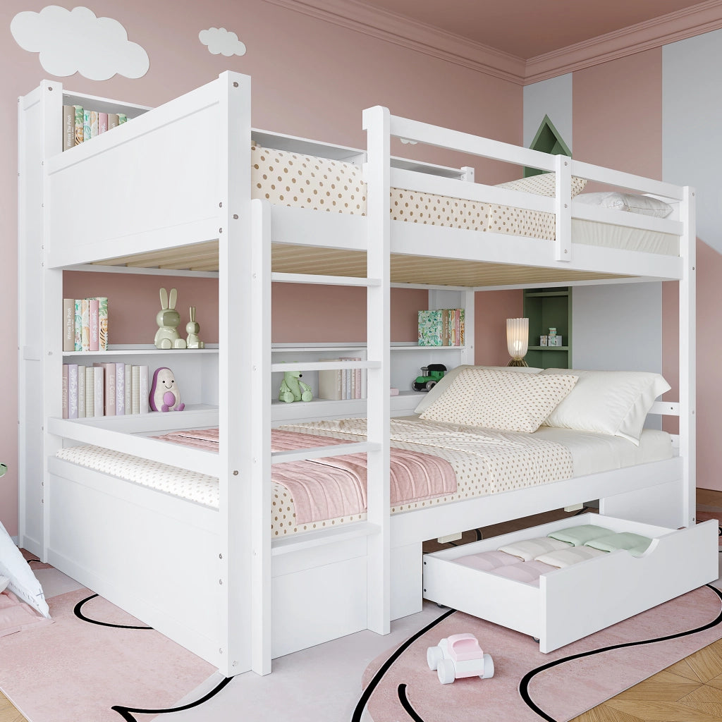 Letto a castello per bambini 90 × 200 cm con cassetto e ripiani laterali in legno bianco