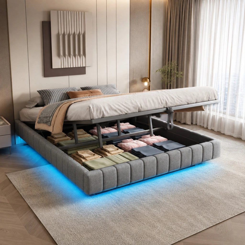 Letto matrimoniale imbottito 180x200 cm con contenitore, LED, effetto sospeso, grigio