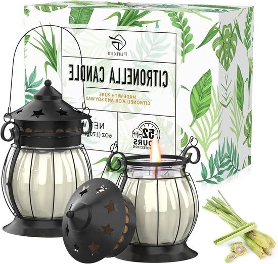 2 x candele di citronella 170 ml con supporto di lanterna in metallo vintage - candele di soja naturali per esterni - candele di citronella per terrazza, giardino e campeggio - regali per esterni.