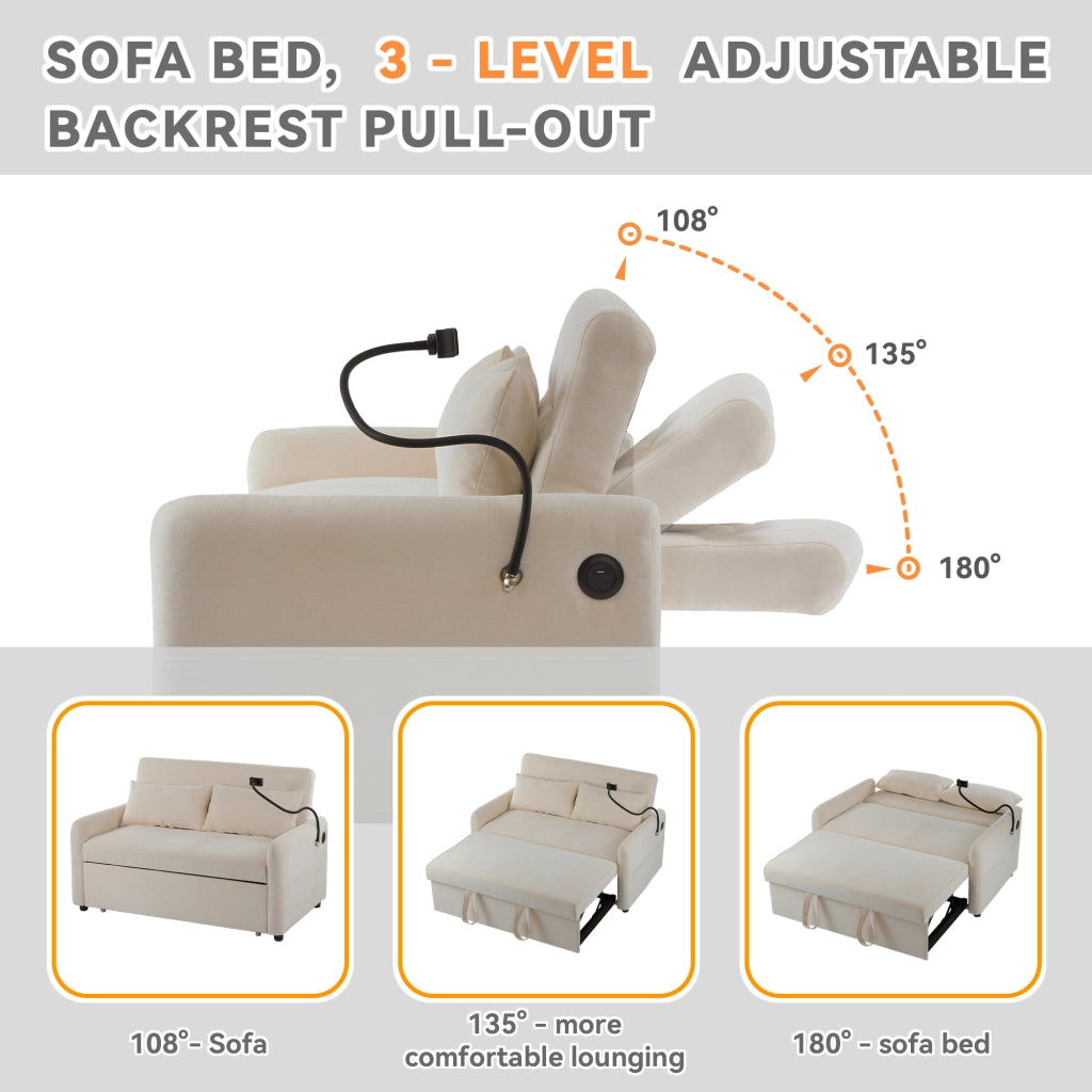 Divano letto a 2 posti estraibile in chenille beige con schienale regolabile porte USB tasche laterali e portacellulare
