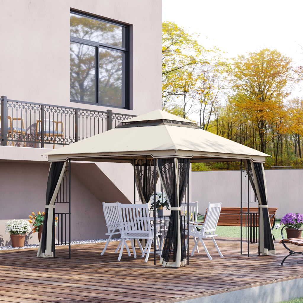 Gazebo da giardino con doppio tetto e 4 pareti in rete removibili struttura in metallo beige 2.99 × 2.99 × 2.74 m