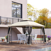 Gazebo da giardino con doppio tetto e 4 pareti in rete removibili struttura in metallo beige 2.99 × 2.99 × 2.74 m