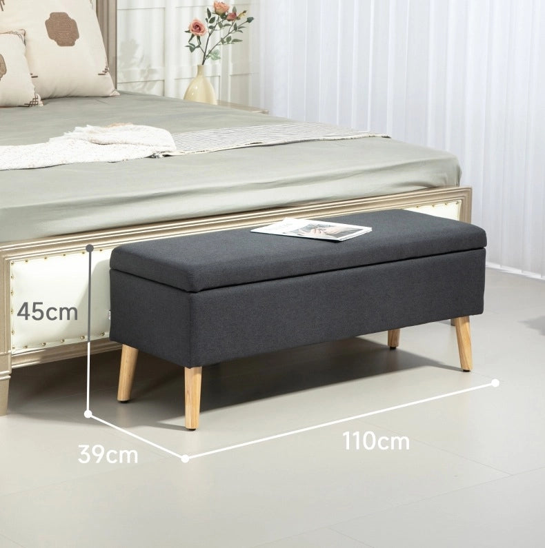 Panca contenitore imbottita in tessuto effetto lino, struttura in legno di caucciù, 110 x 39 x 45 cm, grigio scuro