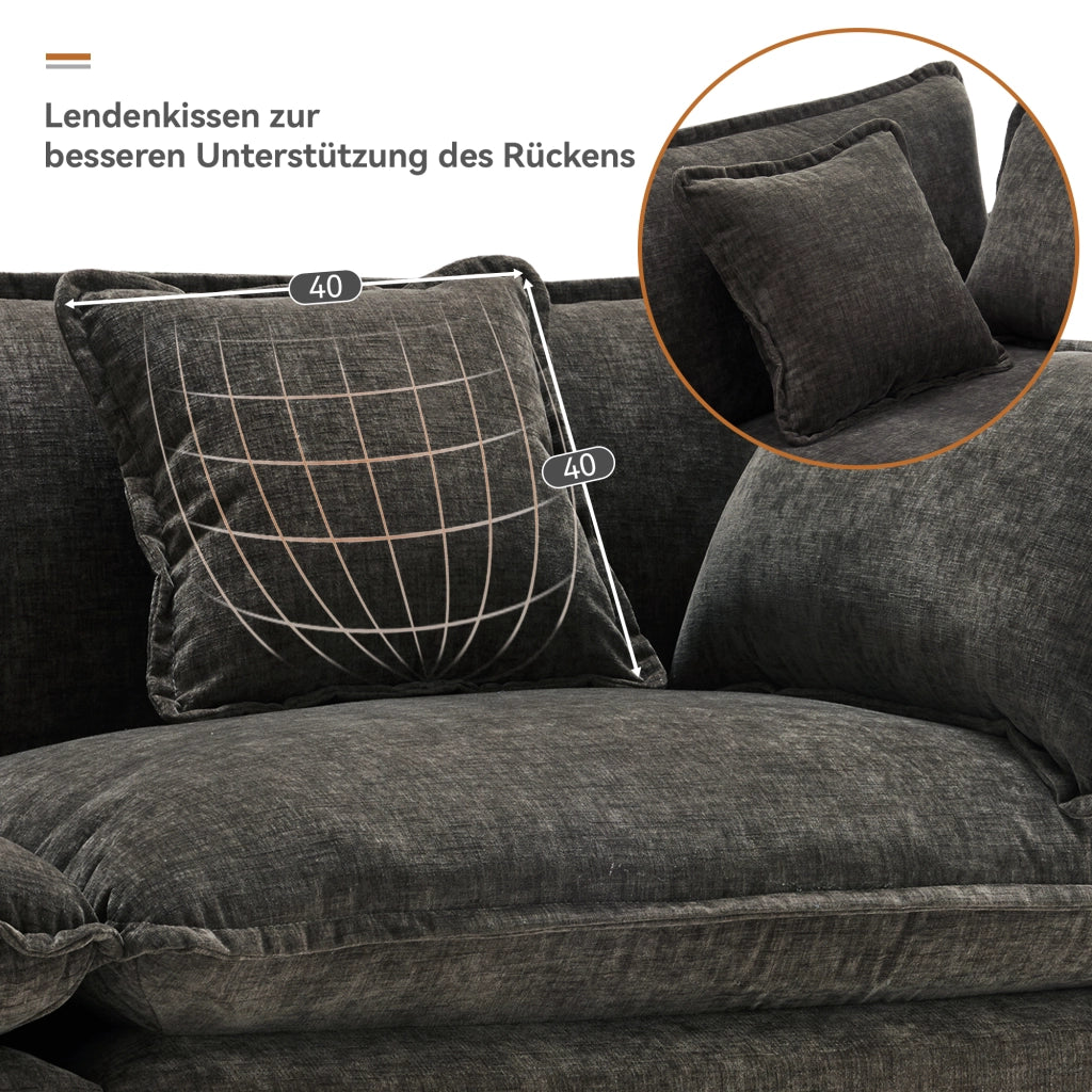Divano angolare 3 sedili 283 x 147 x 84 cm; forma a L; poggiapiedi; tessuto ciniglia; grigio
