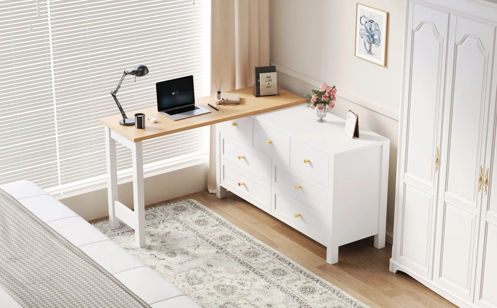 Scrivania 2-in-1 con 7 cassetti e piano girevole a 360°, finitura in effetto rovere, bianco/naturale, scrivania angolare a L