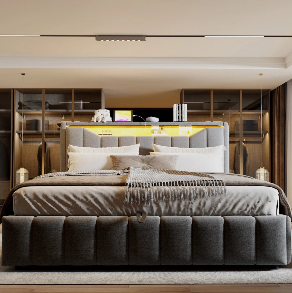 Letto matrimoniale ULEVR 180x200 cm con contenitore idraulico, LED, USB e USB-C, tessuto grigio