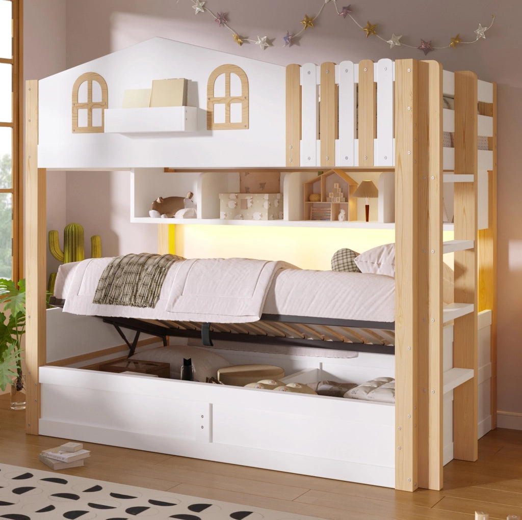 LETTO A CASTELLO 90x200 cm in pino massello e MDF, design casetta, bianco/naturale