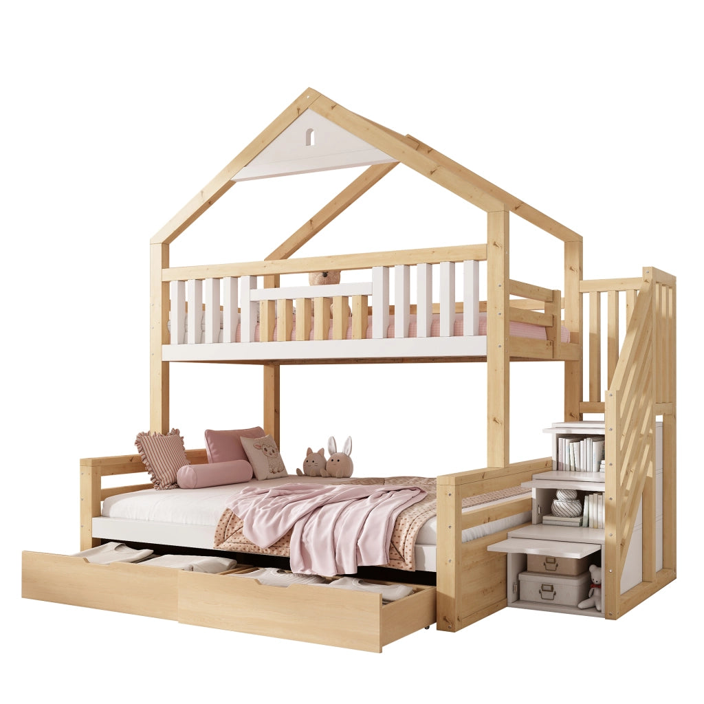 Letto a castello a casetta 90x200 e 140x200 cm in legno bianco e rovere