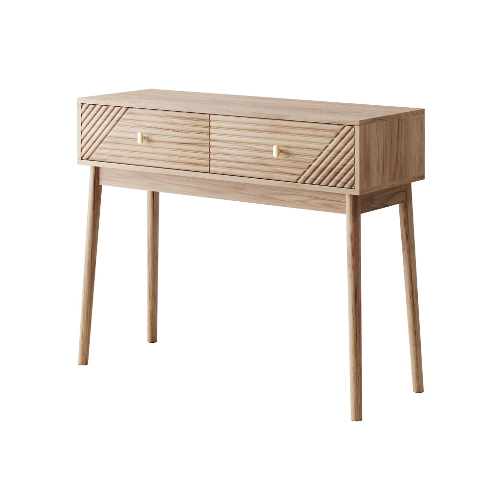 Tavolo consolle stile Mid-Century in colore rovere con due cassetti e ripiani aperti