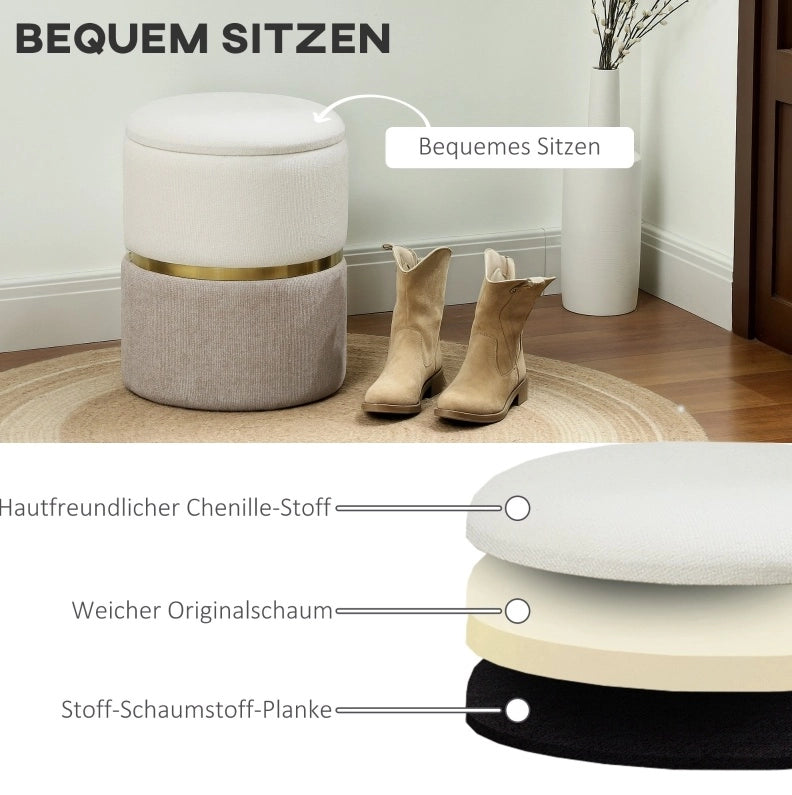 Pouf contenitore con coperchio, design bicolore con anello in metallo, 36 x 36 x 44 cm, crema e bianco