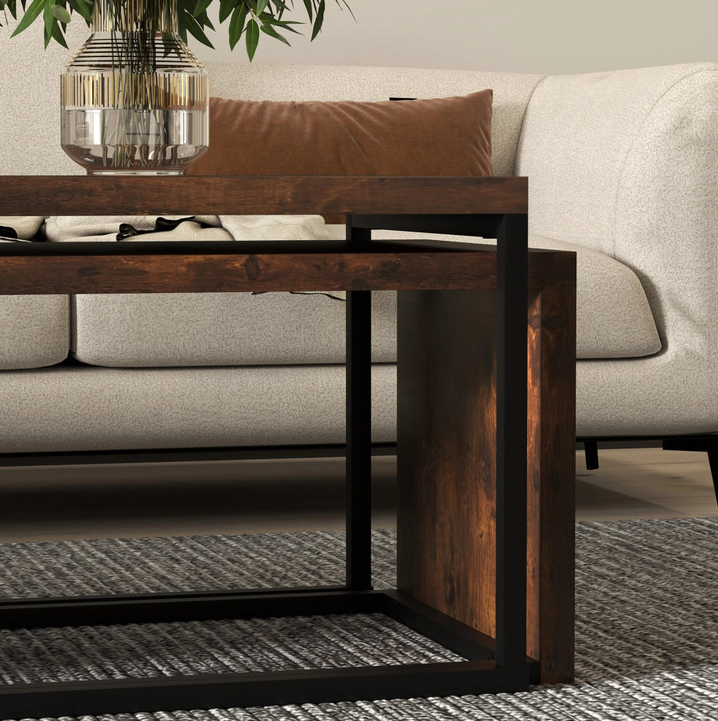 Set di 2 tavolini da salotto impilabili 90 x 48 x 42 cm legno marrone, metallo