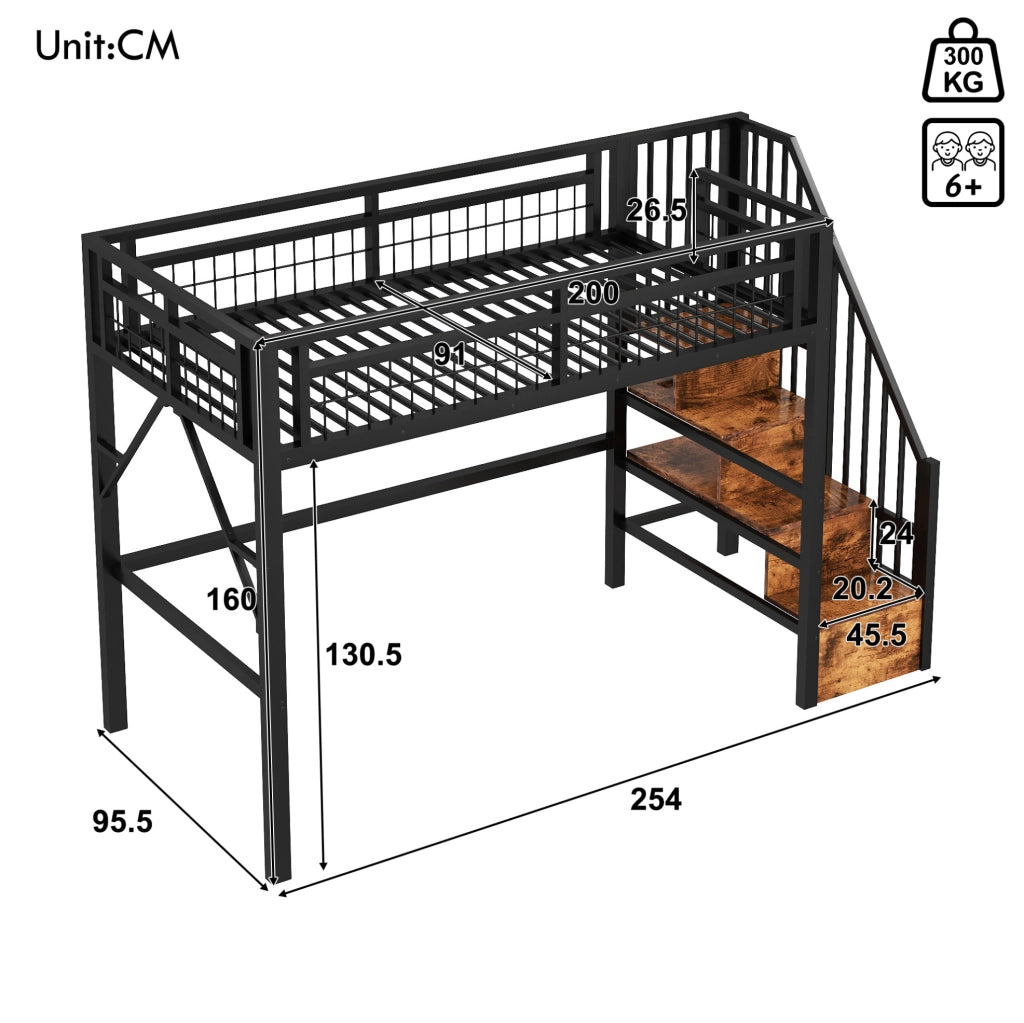 Letto a soppalco 90x200 cm con struttura in ferro, LED integrati e scaletta con contenitori, senza materasso, nero
