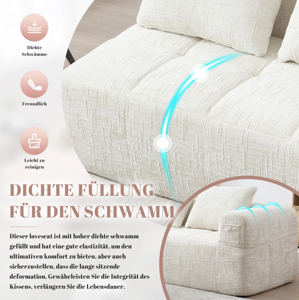 Divano 2 posti beige con chaise lounge, tessuto chenille, cuscino incluso e tasche laterali