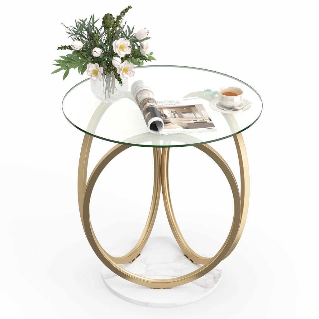 Tavolino da caff¨¨ rotondo in vetro con struttura geometrica ad anello, Tavolo moderno in metallo dorato per soggiorno e ufficio a casa