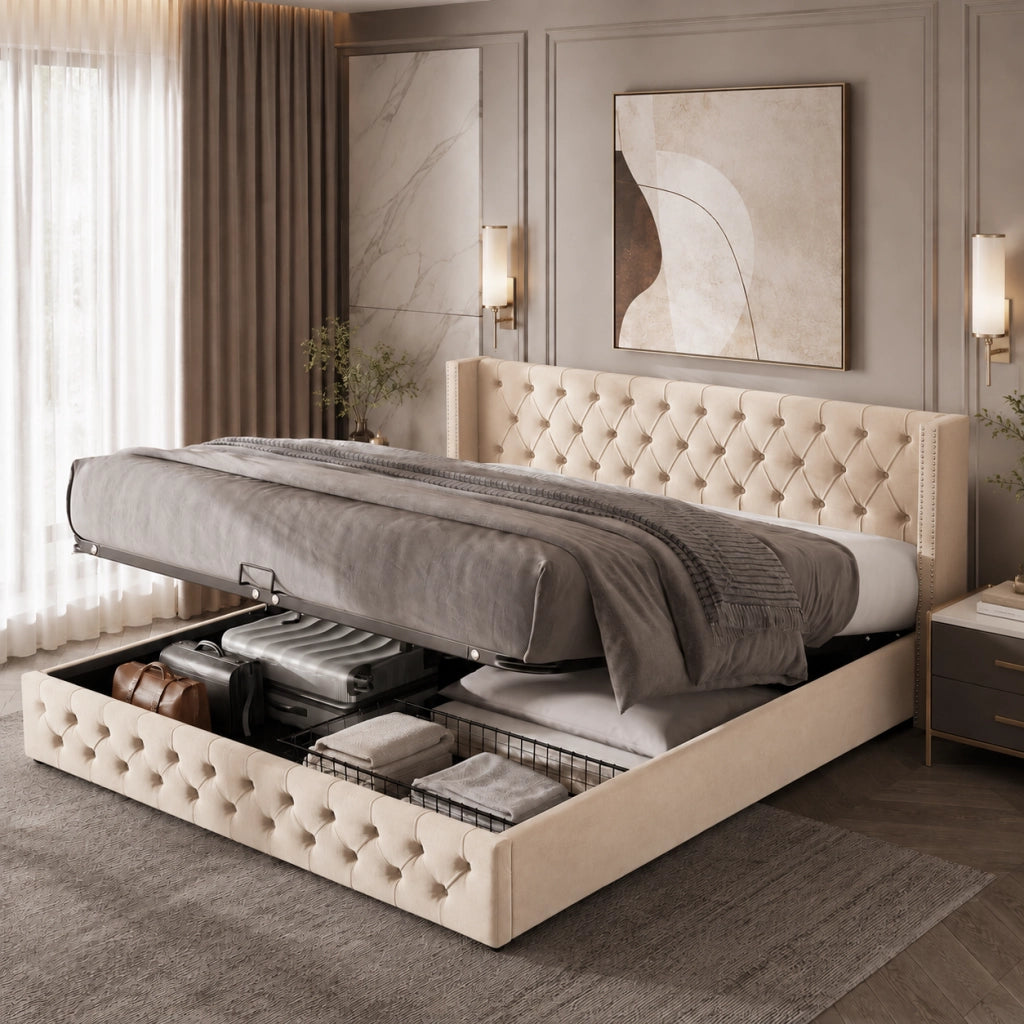 letto imbottito velluto beige 190 x 209 cm