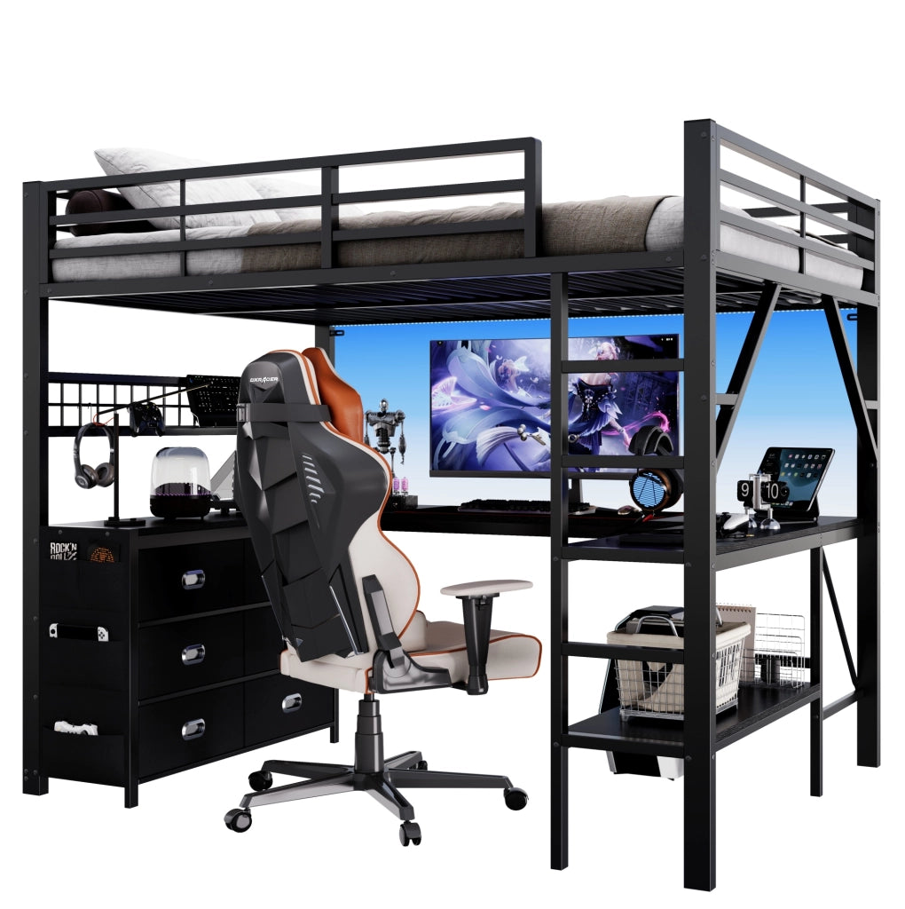 Letto a soppalco 140x200 cm con scrivania; 6 cassetti e LED nero HOMVRA