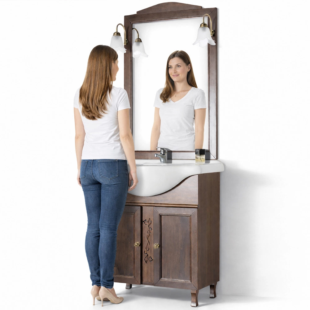 Mobile Da Bagno Noce Completo Modello Giada Ante Lisce 75cm Legno con Specchio