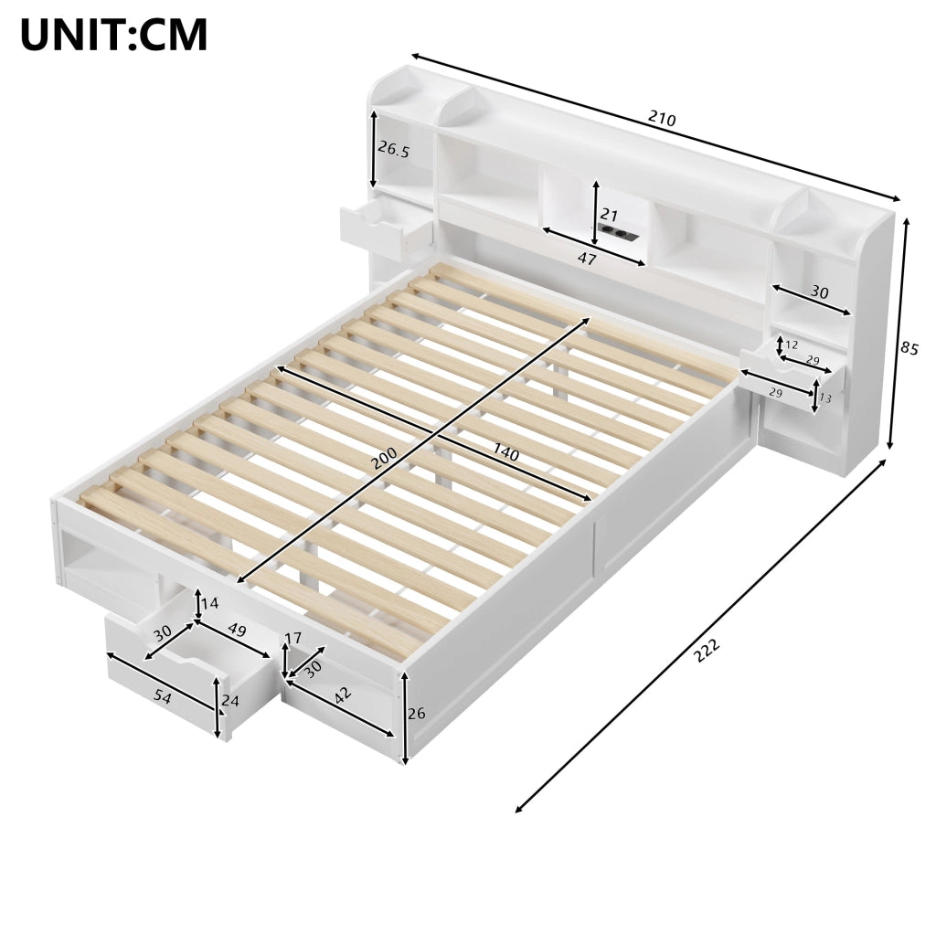 LETTO a Piattaforma 140x200 cm con Vani e Cassetti MDF Bianco
