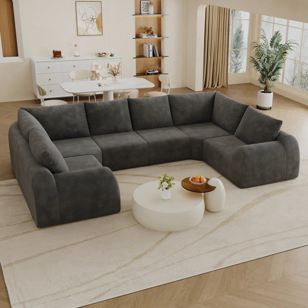 Divano angolare a U 344x200x85 cm in tessuto chenille; grigio scuro