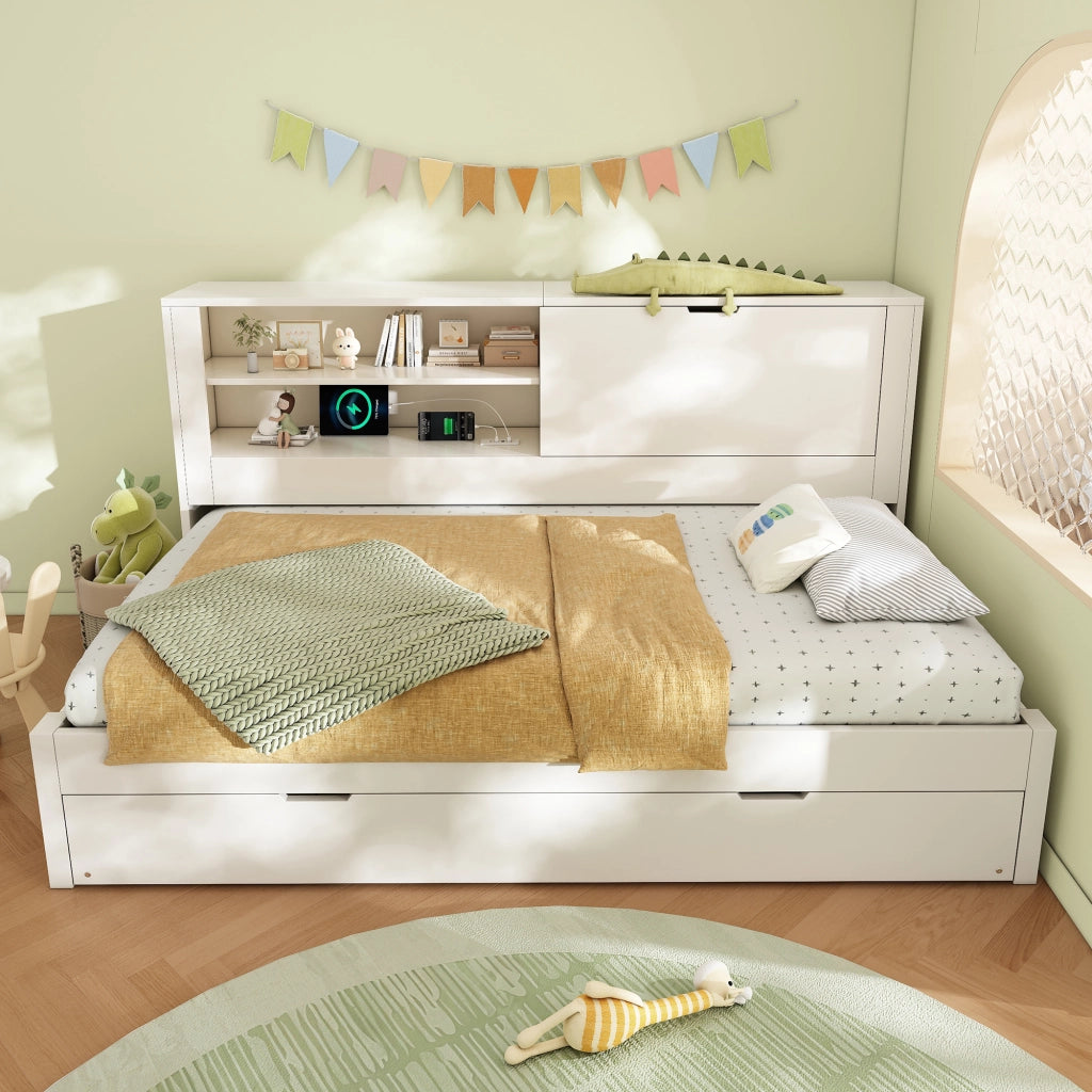 Divano letto 90x190 cm con letto estraibile 90x190 cm; USB e USB-C; vano contenitore; legno bianco