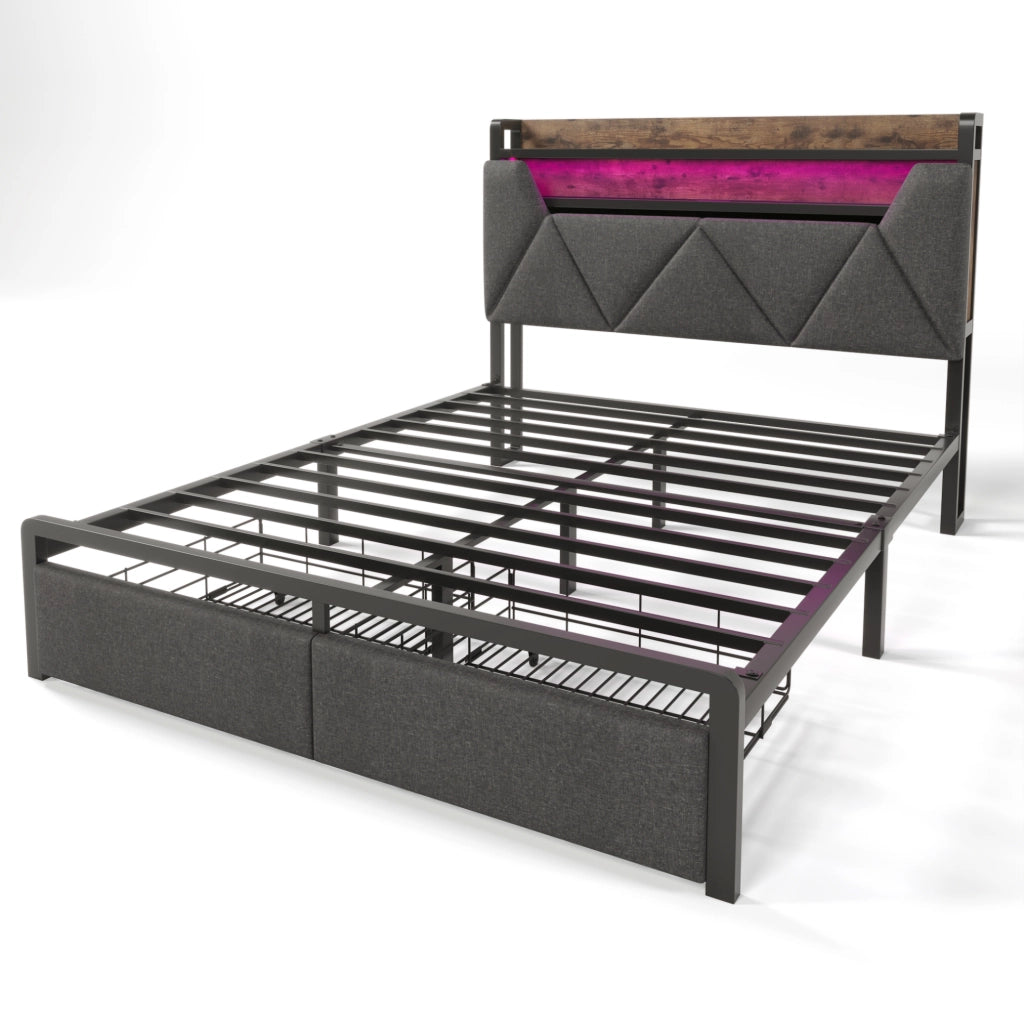 Letto matrimoniale 160x200 cm grigio con LED, contenitore e materasso