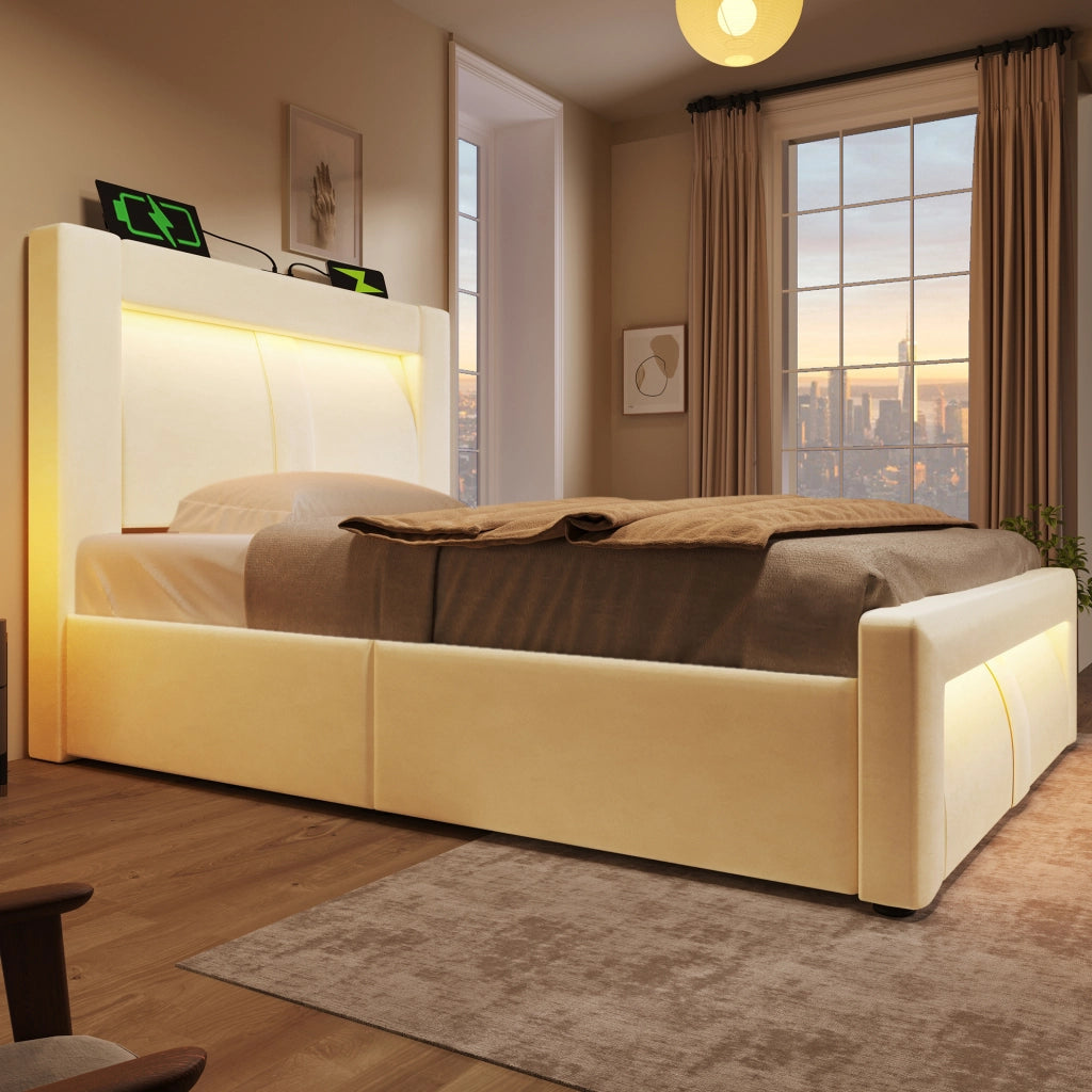 Letto singolo 90x200 contenitore velluto beige LED USB Type-C con materasso