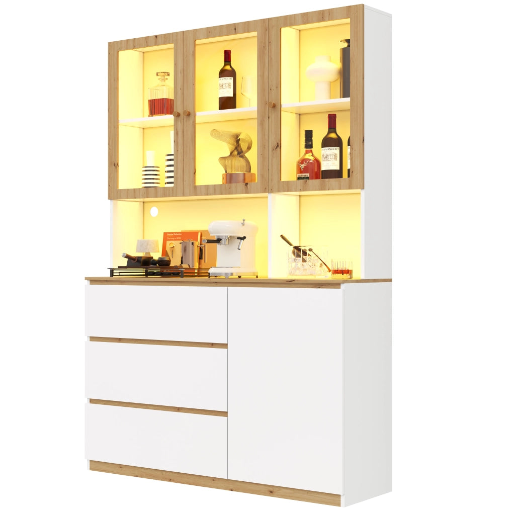 Vetrina alta LED con 3 cassetti, anta e vano con passacavi per cucina e soggiorno, MDF bianco rovere, 120 × 200 cm