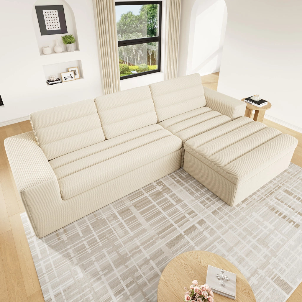 Divano angolare modulare 4-5 posti con pouf in velluto a coste beige