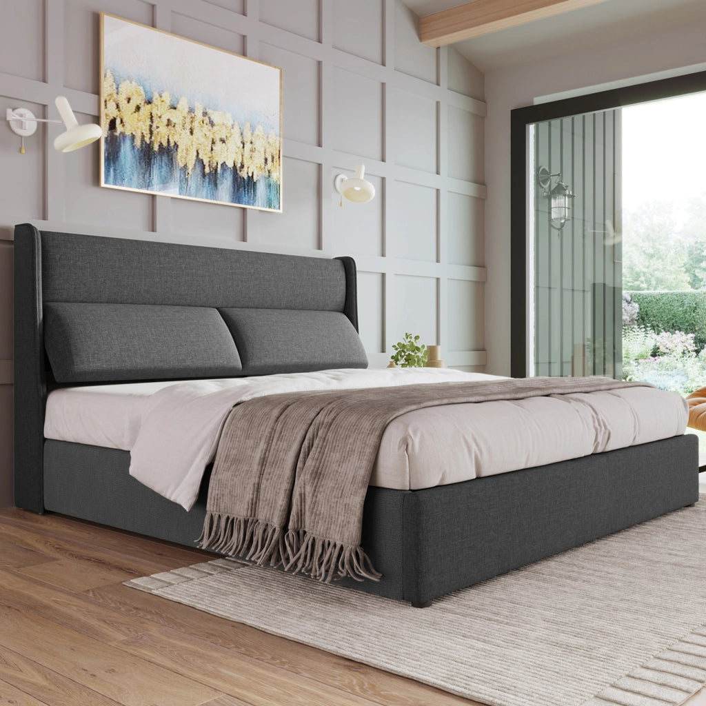 Letto matrimoniale 160x200 cm con testiera regolabile, contenitore idraulico, lino grigio